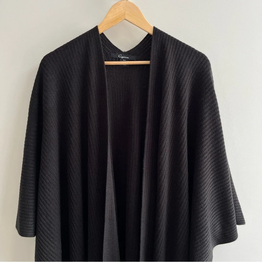 Cejon Super Soft Fringe Trim Open Front Ribbed Knit Ruana Black One Size - Picture 3 of 7